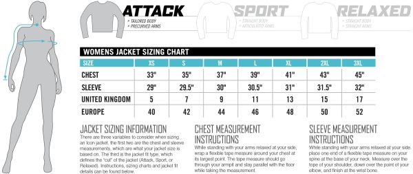 Icon Sizing Chart Womens Jacket Attack Fit